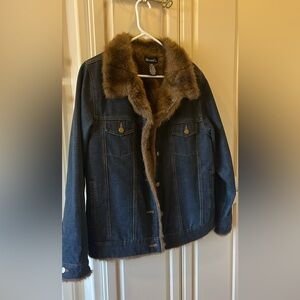 Denim&Co Blue Jacket with Brown Faux Fur Collar